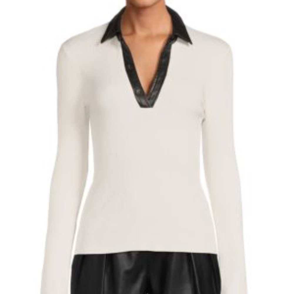 Laundry by Shelli Segal Faux Leather Trim Ribbed Knit Top VNeck